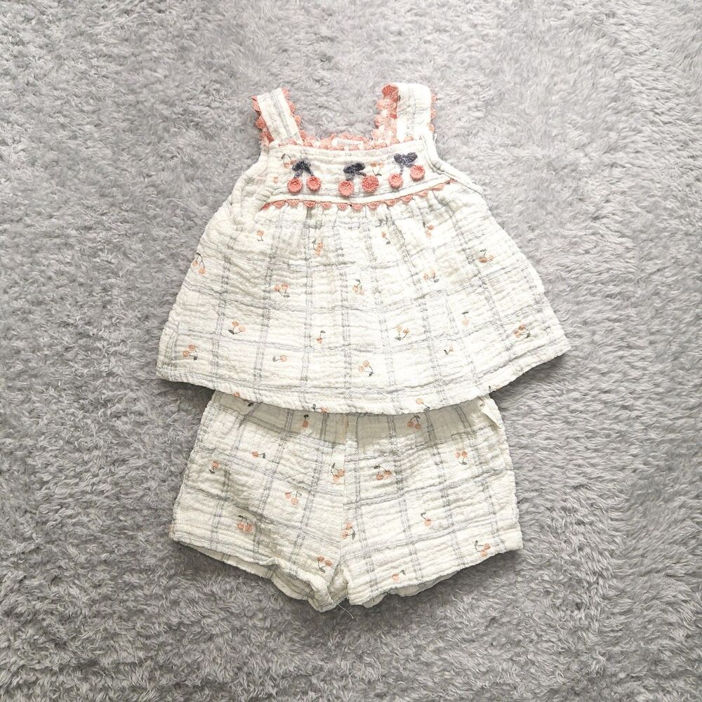 Rabbit Bear Organic Cotton Baby Girl Cherry Plaid Outfit Size 3-6 Months